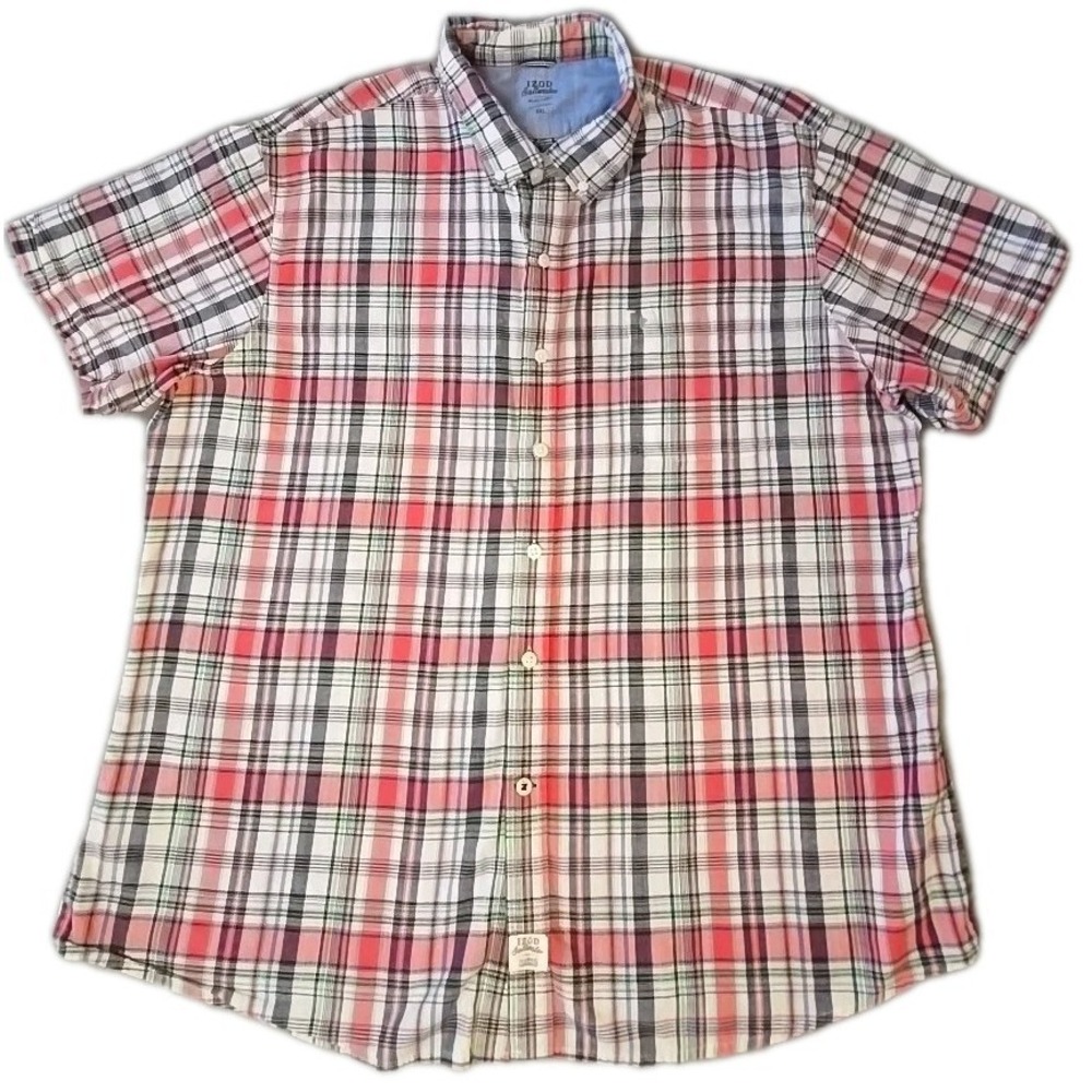 IZOD Saltwater Mens 2XL Pink Blue Plaid Button Up Short Sleeve Cotton Shirt XXL